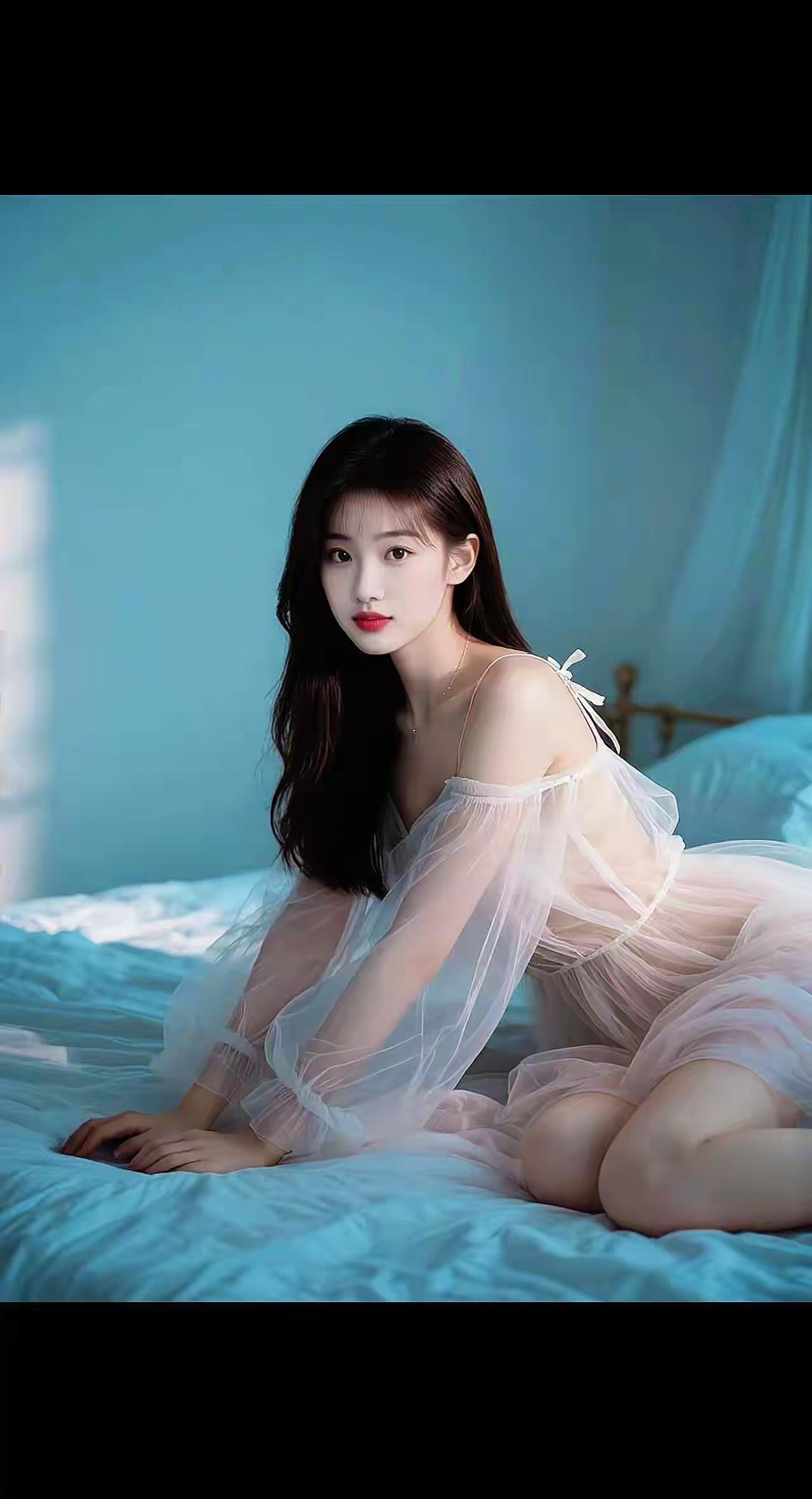 梦幻少女卧姿，温柔粉裙飘逸，光影交织的梦幻氛围。