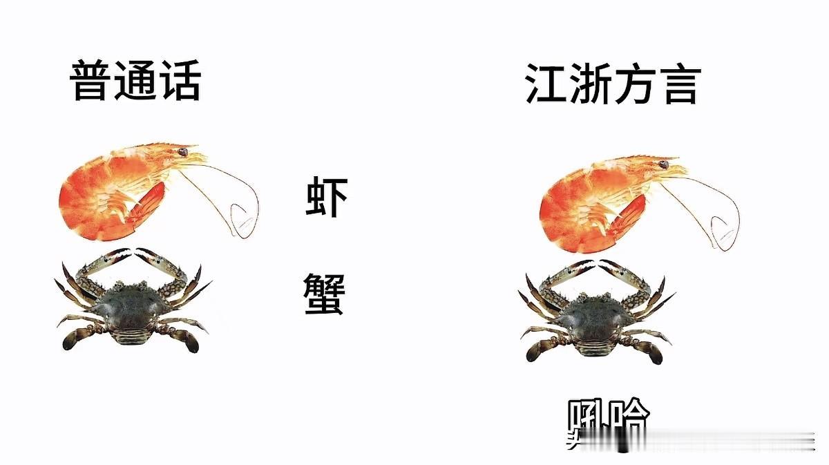 浙江的方言，读音确实太有才了。比如普通话的“虾蟹”，在浙江是说“吼哈”的。只要你