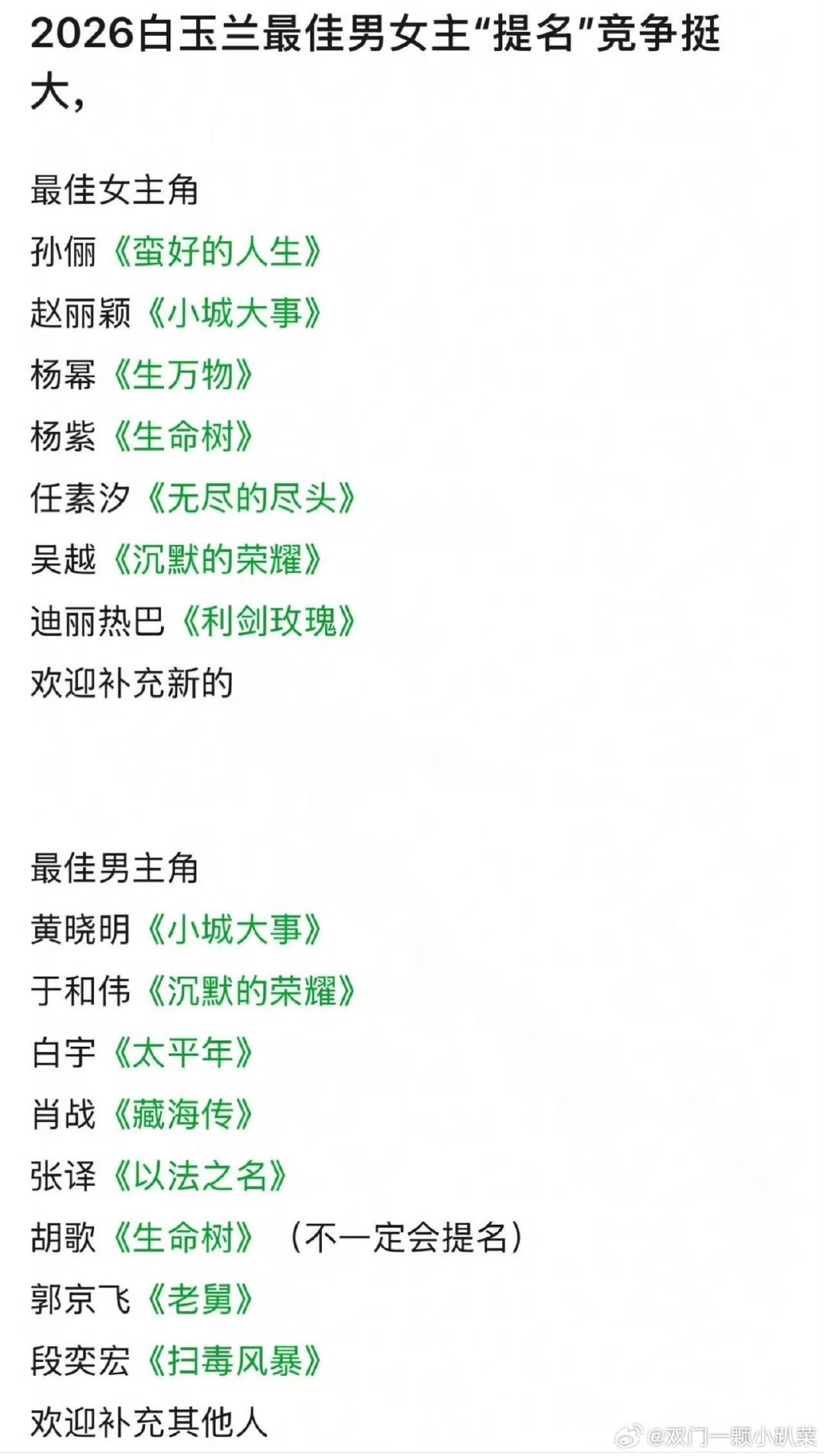 生万物和小城大事难分高下你最看好谁呢杨幂赵丽颖 白玉兰