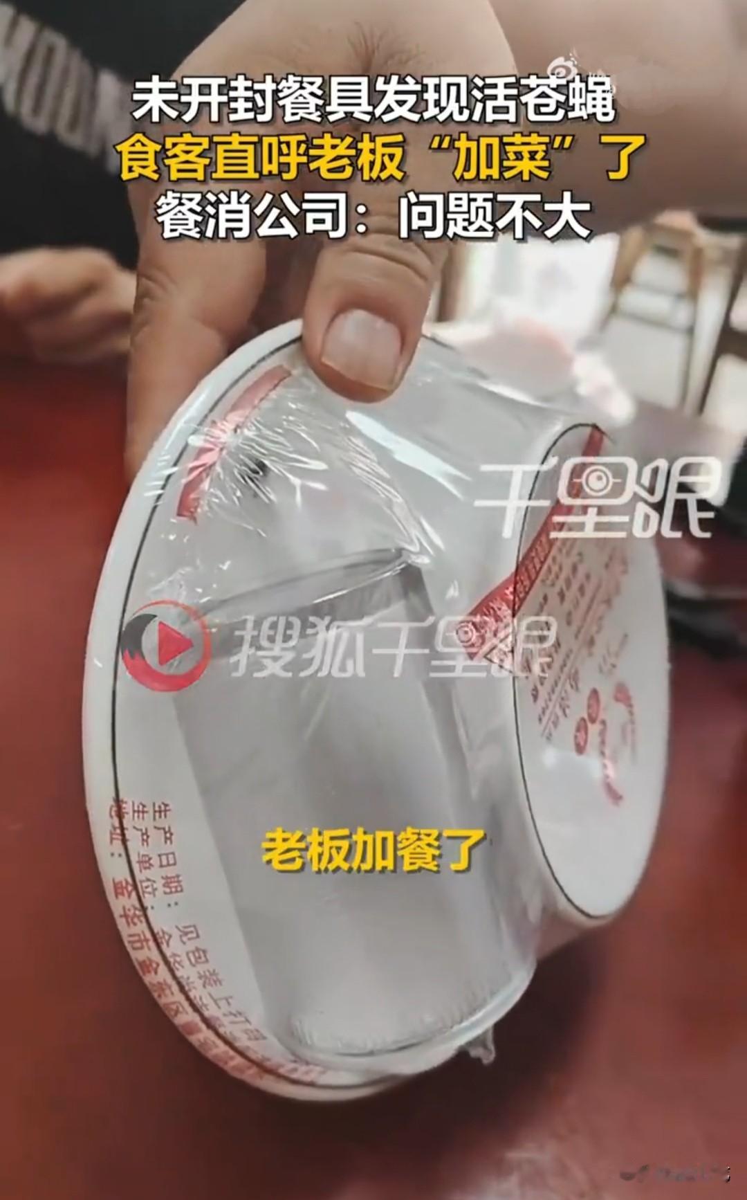 未开封的餐具中惊现活苍蝇，浙江金华，一食客在饭店拆开一套塑封消毒餐具时，赫然发现
