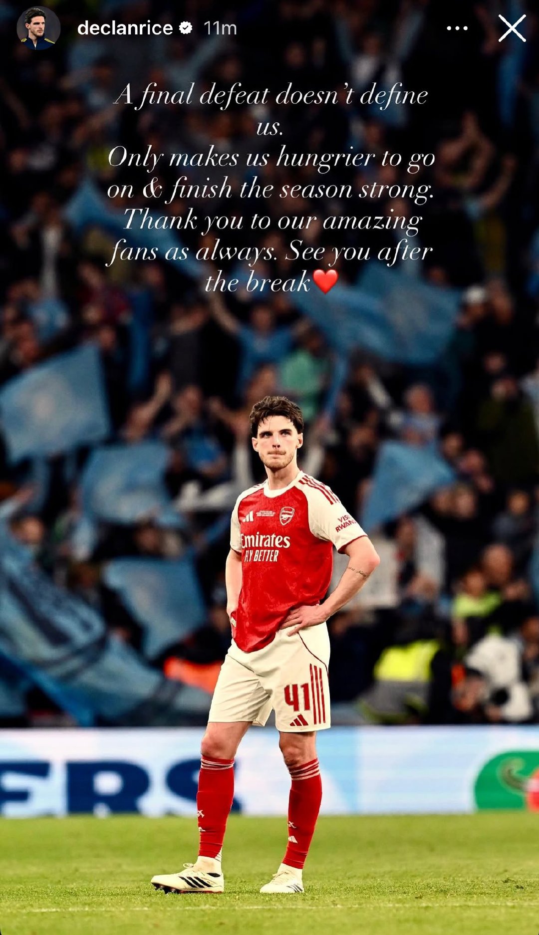 德克兰-赖斯ins动态：一场决赛的失利定义不了我们，只会让我们更加渴望继续前进，