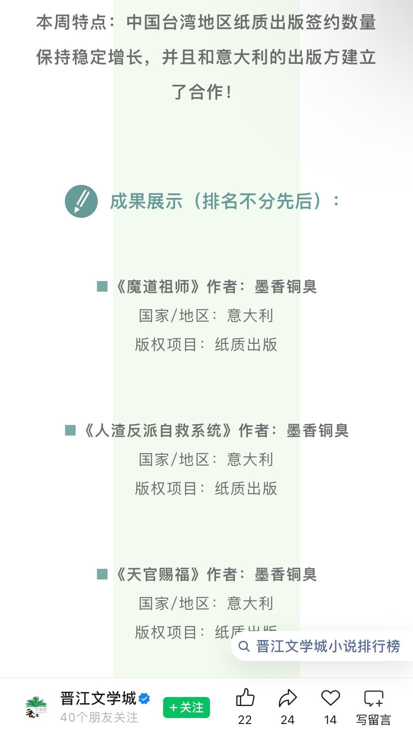 渣魔天在中国台湾地区纸质出版签约数量保持稳定增长，并且和意大利的出版方建立了合作