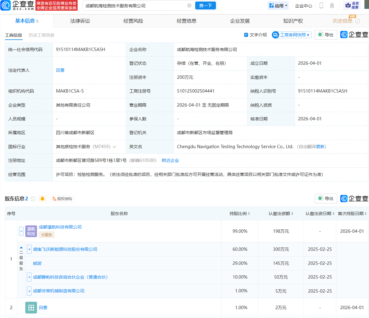 飞沃科技等成立检测技术服务公司