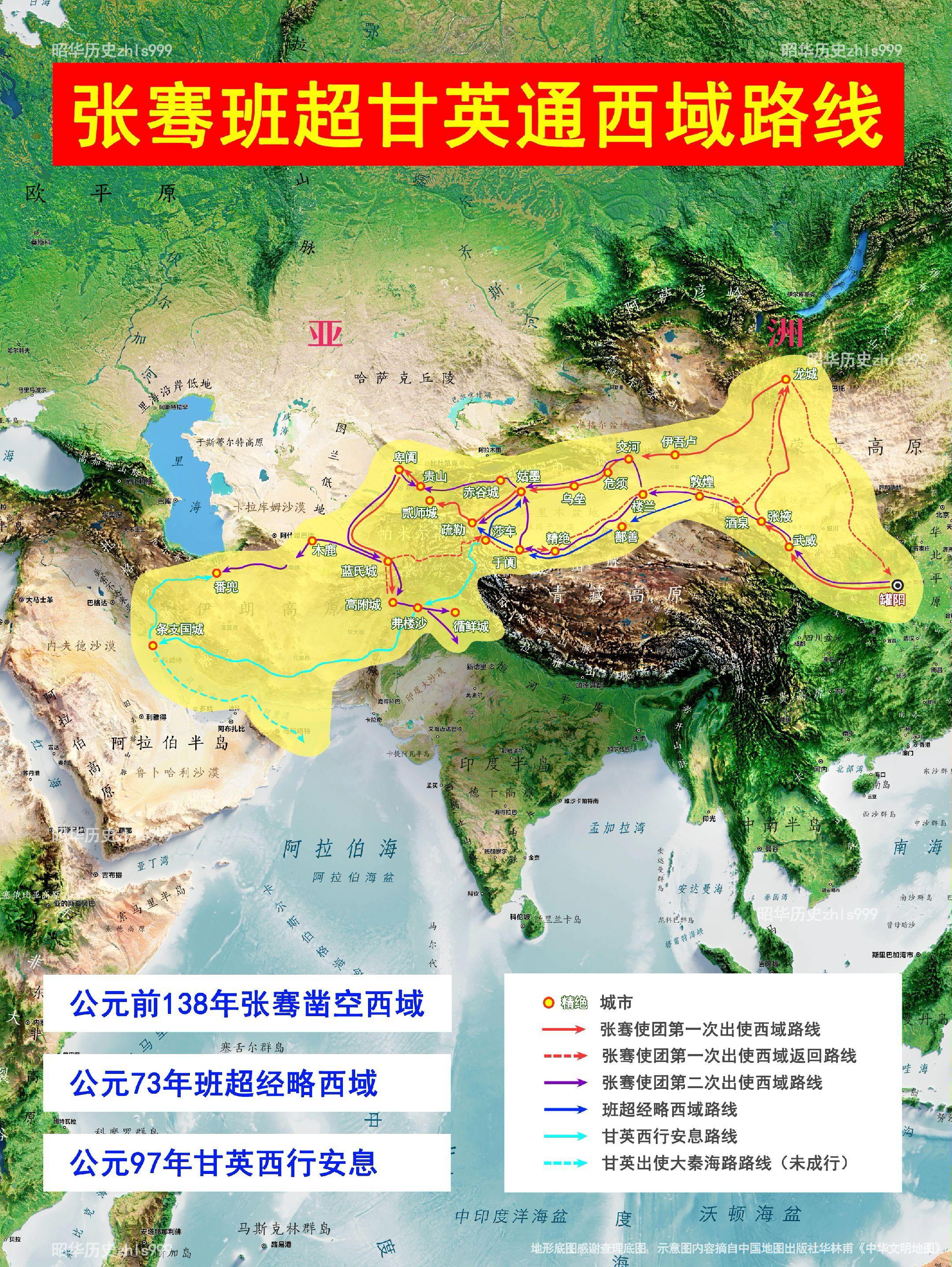 汉朝对西域三次著名出使。中国大规模地进行域外探索始于汉代，以张赛通西域...