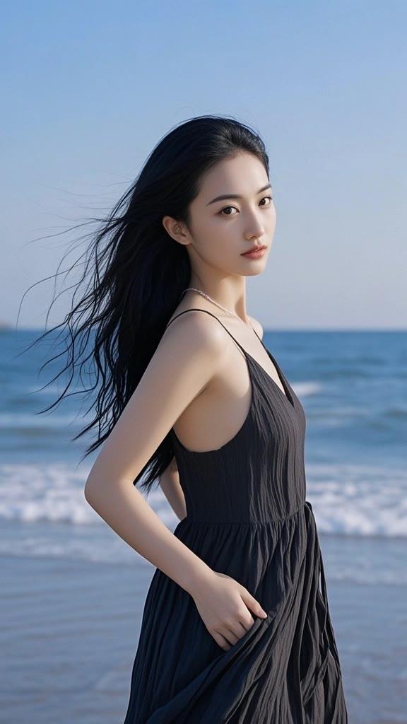 海边漫步，黑裙飘逸，海风轻拂，美不胜收。