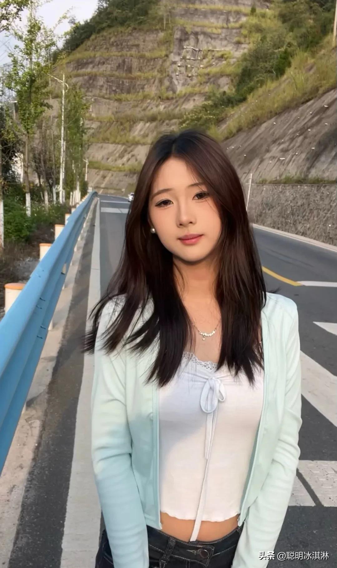 公路边，少女定格青春瞬间！  
风掠过发梢，光影洒落，
每一帧都是电影质感。  
