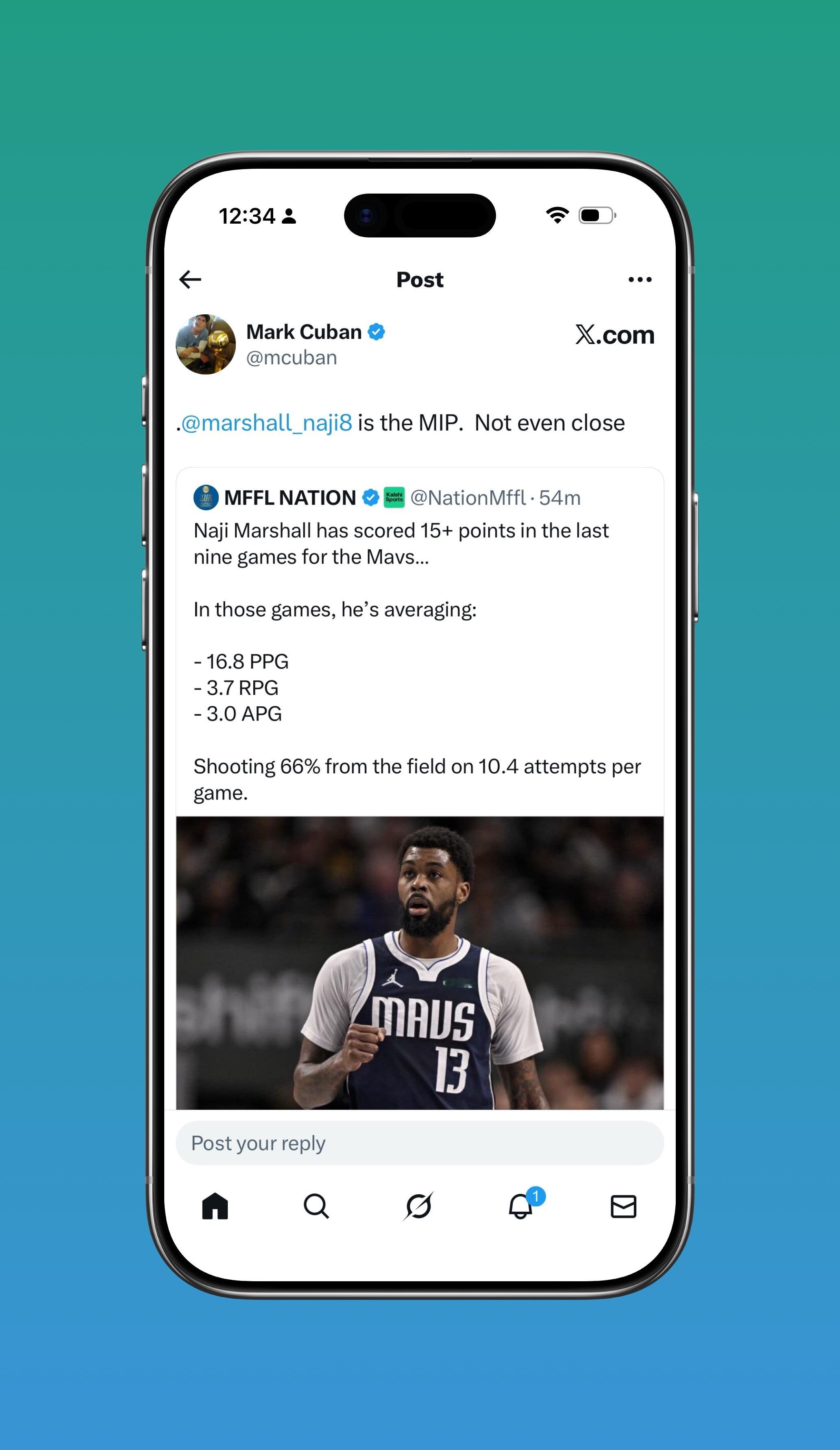 人类 15 分精华马哥，过去 9 场比赛 15+ 得分。库班转帖声援：马勺绝对是