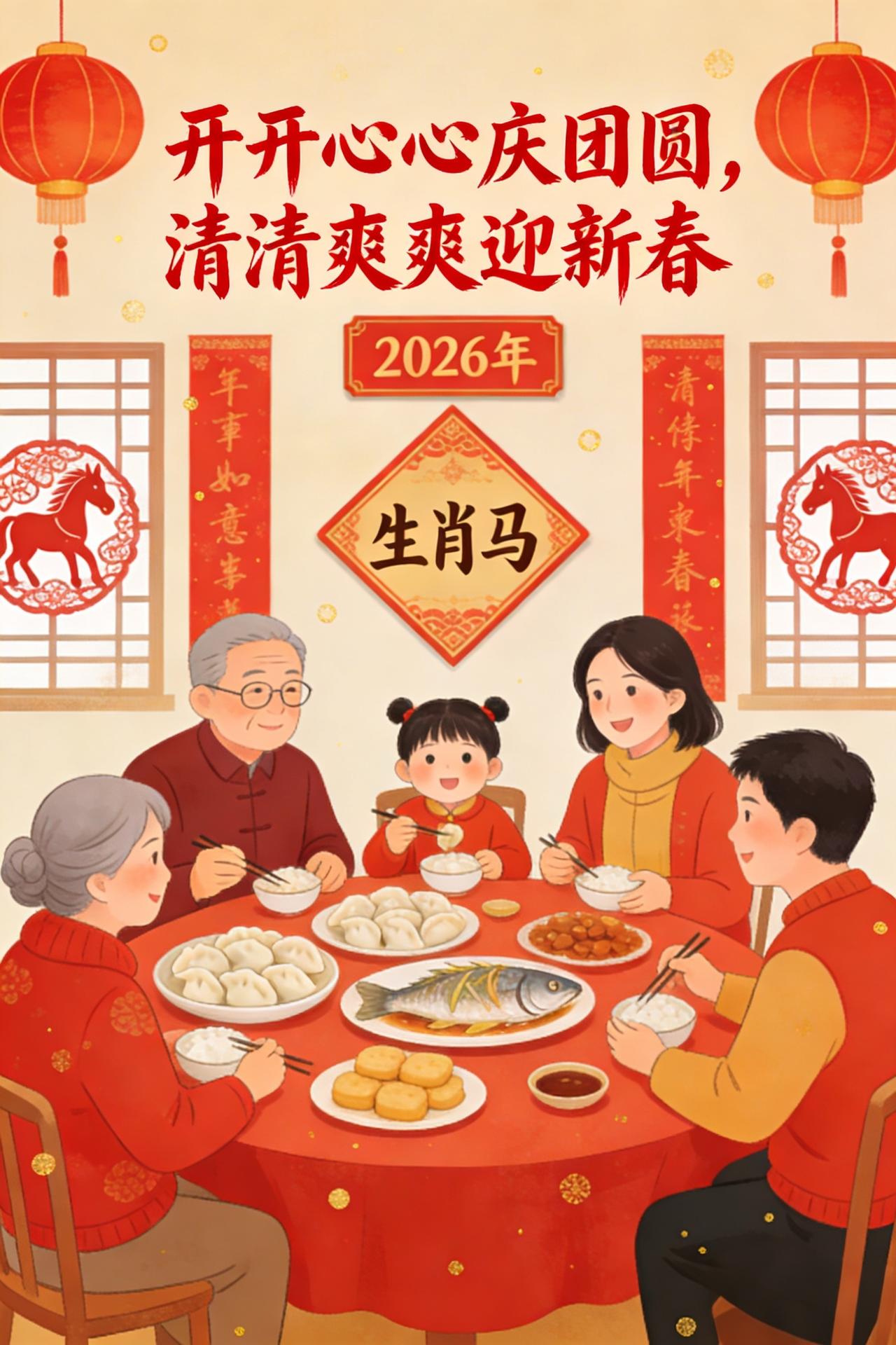 健健康康迎马年

1. 上联主打“情”：“开开心心庆团圆”描绘了除夕欢聚、阖家美