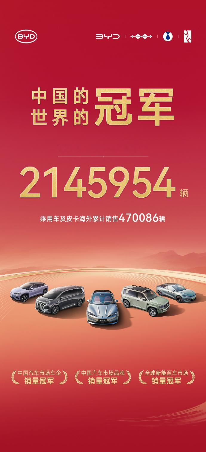 比亚迪确实是遥遥领先，中国和全球新能源市场销量双料冠军！[中国赞] ​​​