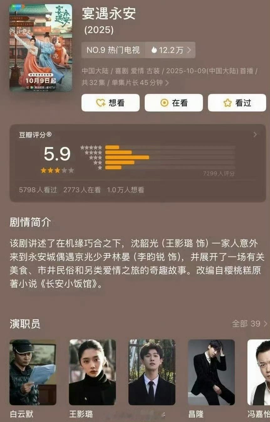 娱乐[超话]王影璐李昀锐新剧豆瓣开分5.9王影璐李昀锐宴遇永安豆瓣开分5.9王影