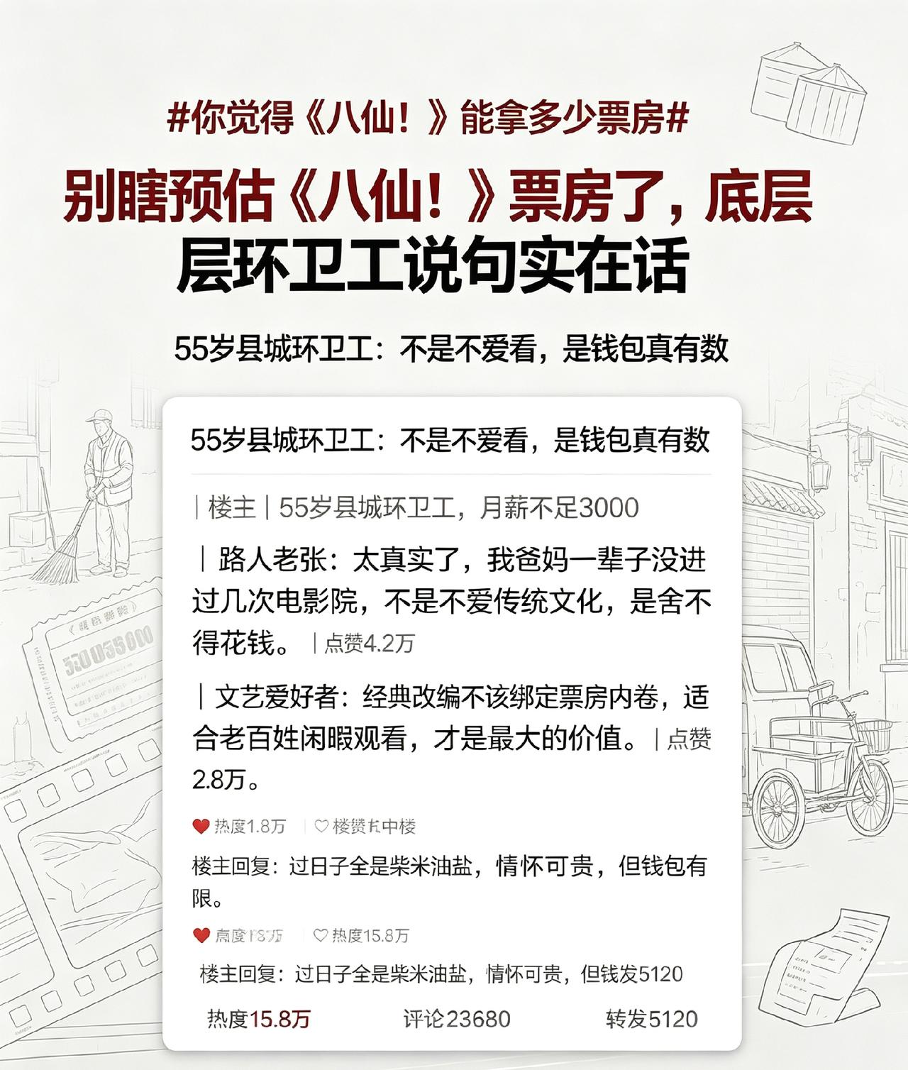 别瞎预估《八仙！》票房了，底层环卫工说句实在话
 
55岁县城环卫工，月薪不足3