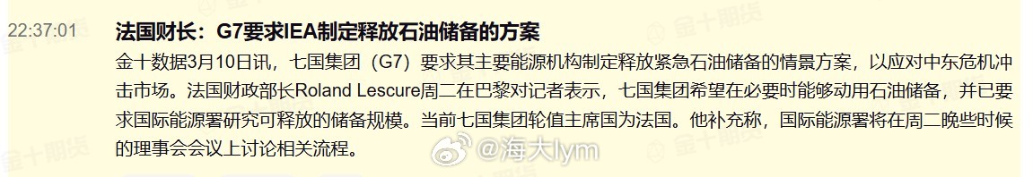 七国集团（G7）要求其主要能源机构制定释放紧急石油储备的情景方案，以应对中东危机
