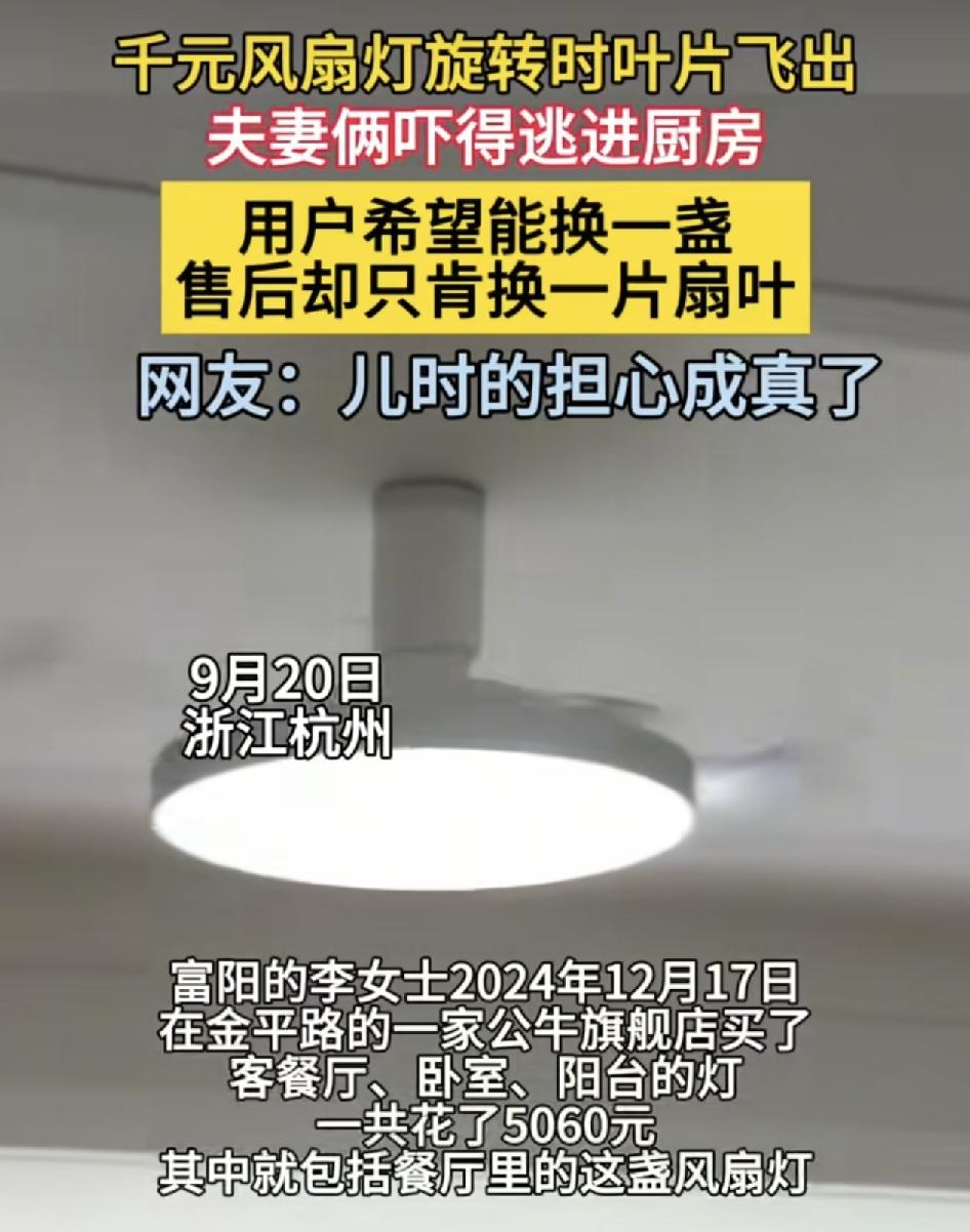 浙江杭州一位网友发视频称，他们前两年在一家旗舰店购买的一盏风扇灯，有一天晚上回来