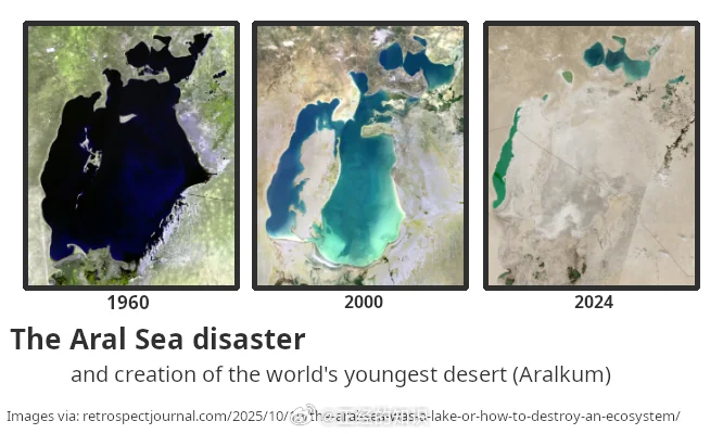 咸海以前是世界第四大内海，面积 68,000 平方公里，如今是世界上最年轻的沙漠