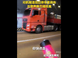 太吓人了！沪武高速湖北罗田段隧道口，一辆重型大货车停在行车道内，司机爬上车顶盖雨