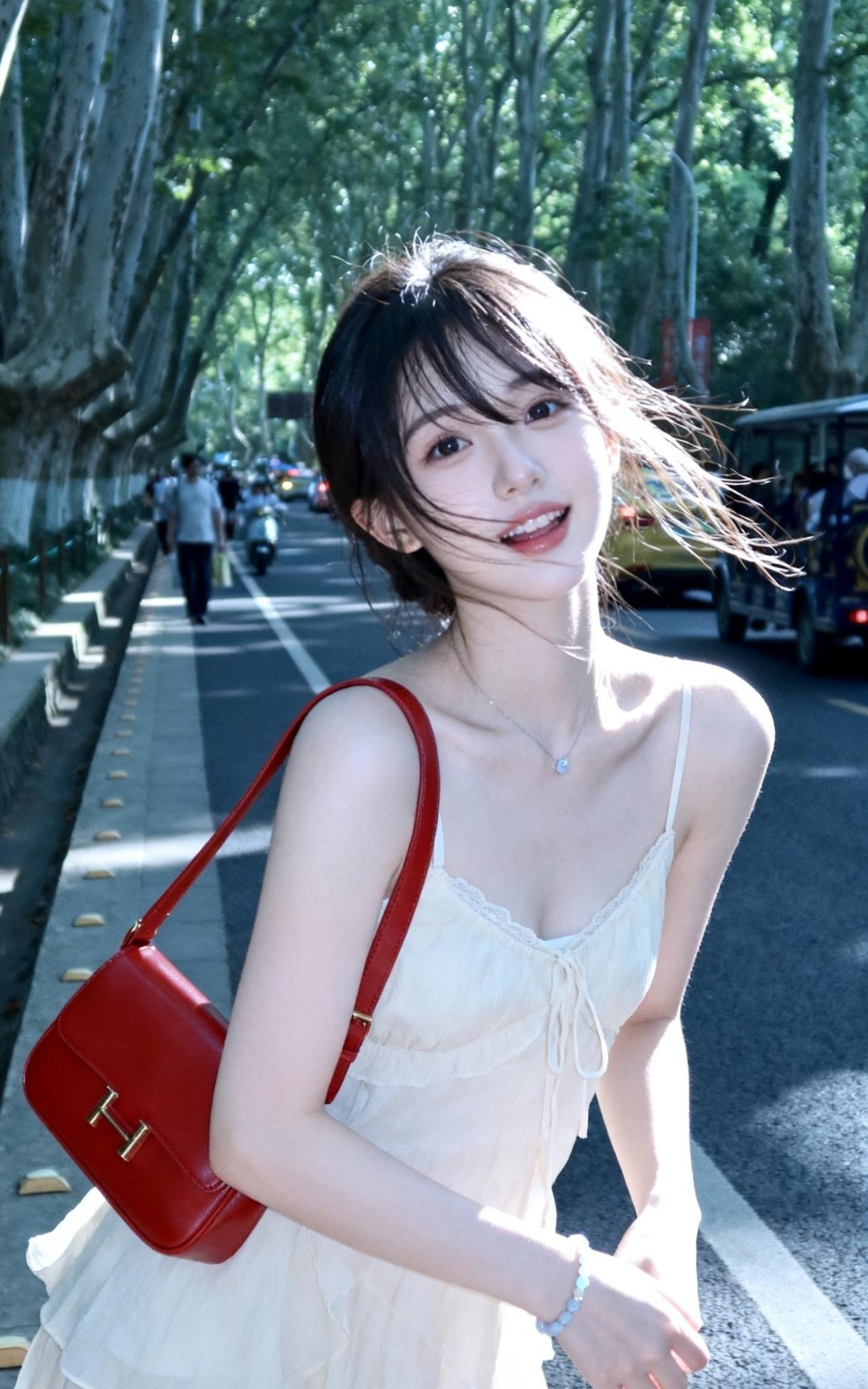 梧桐街的白裙甜妹，一眼就心动
绿荫光影+红白撞色穿搭，风吹发丝氛围感直接拉满，清