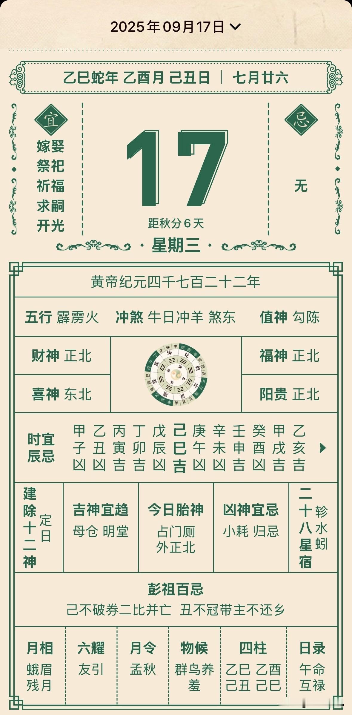 2025年09月17日
乙已蛇年 乙酉月 己丑日 | 七月廿六
且
嫁娶
祭祀