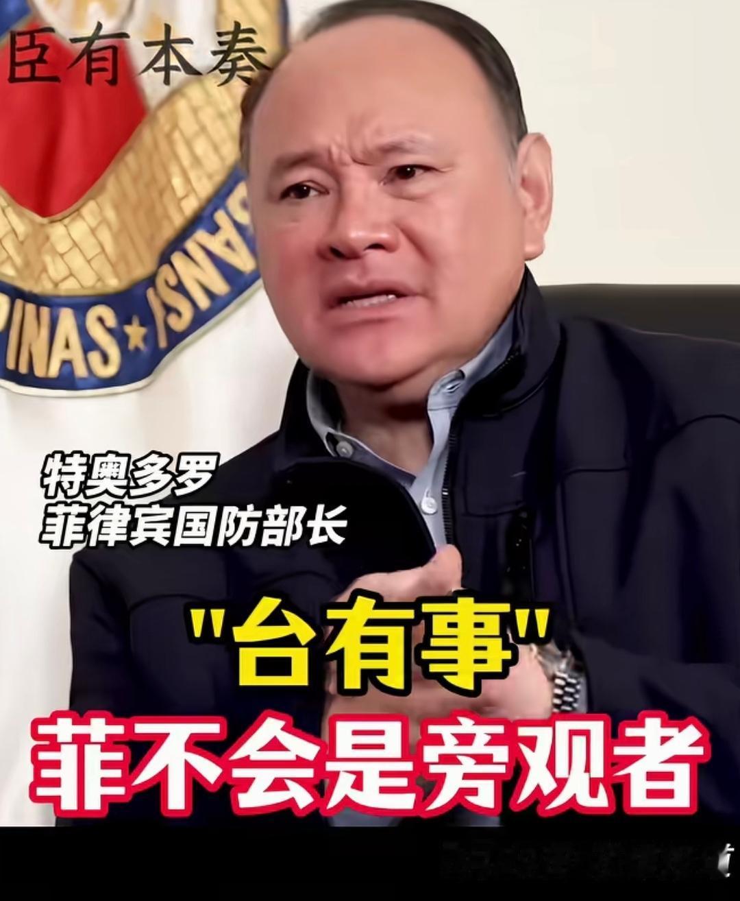 菲防长特奥多罗说：台海一旦有事，菲律宾不会做旁观者。这话听起来气势拉满，可咱想问