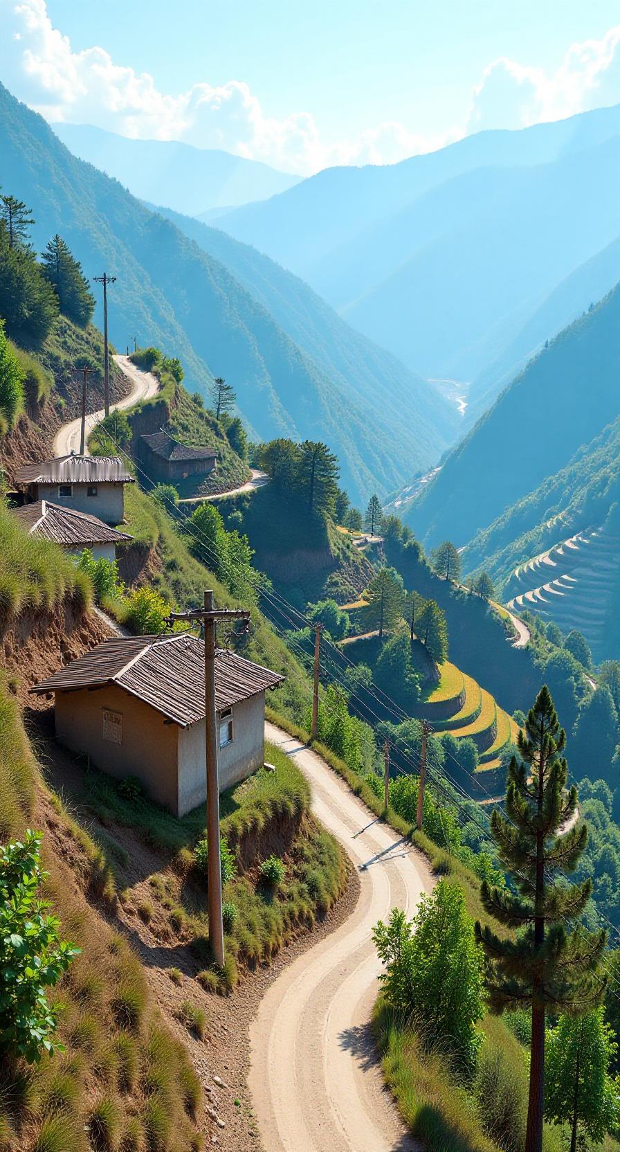 山间小路蜿蜒，绿树掩映，静谧乡村，美不胜收。