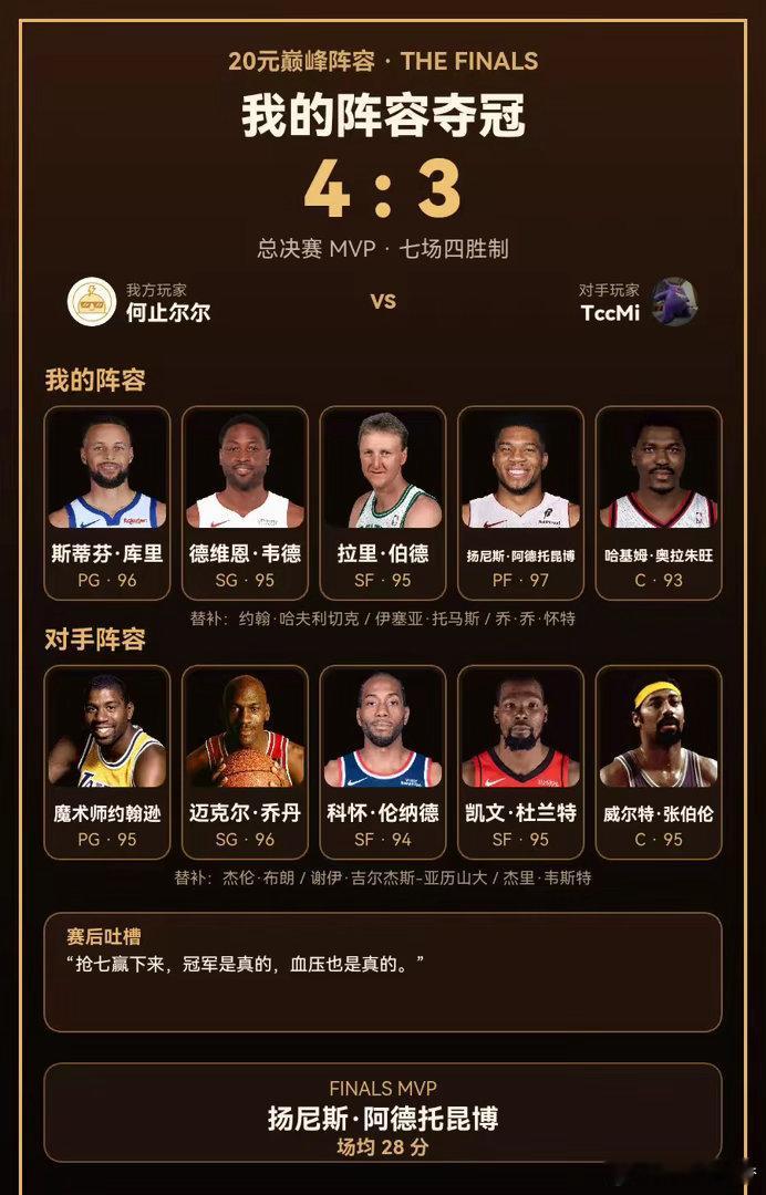 我的20元巅峰阵容｜总决赛 MVP 4 : 3赛后吐槽：抢七赢下来，冠军是真的，