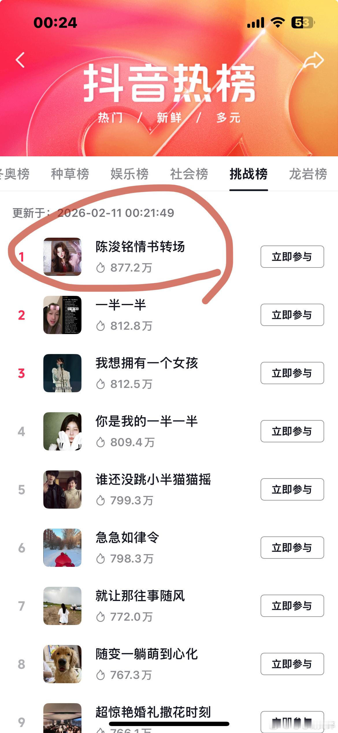 陈浚铭情书转场🫘挑战榜第一了！ 