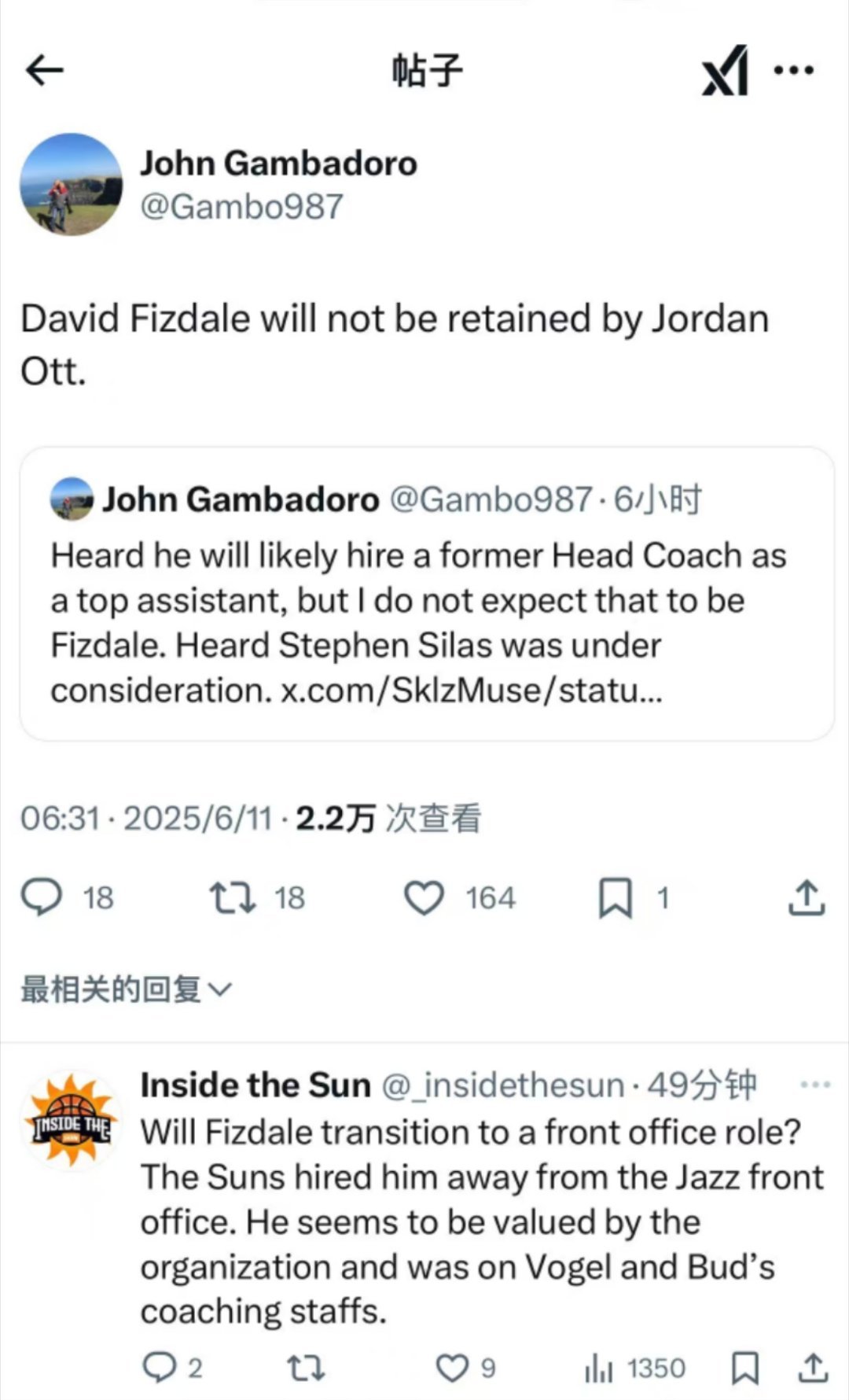 gambadoro透露：菲兹戴尔不会加入新教练乔丹-奥托的助教团队。菲兹戴尔此前