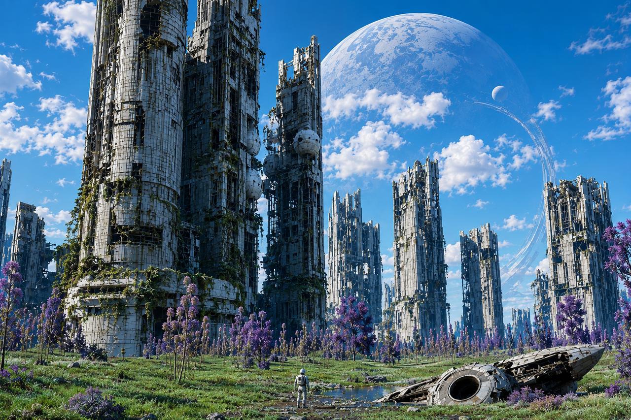 用AI做了宇航员到其它星球的图，这是一个被“外星人”遗弃的星球，但适合人类居住。