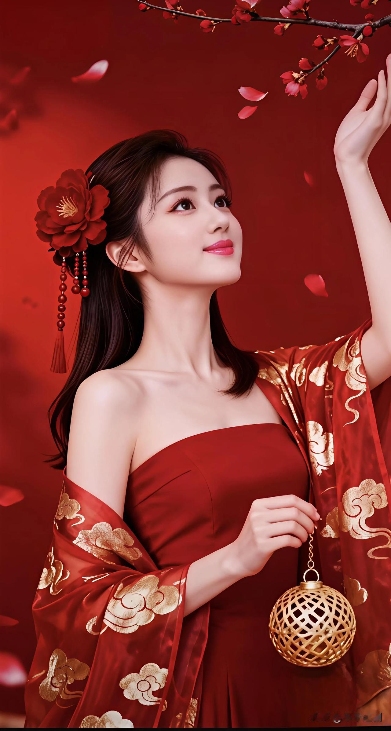 红袍描金映梅枝，金铃垂手，一眼醉尽东方红韵
古韵红衣女神 雍容大方的美女