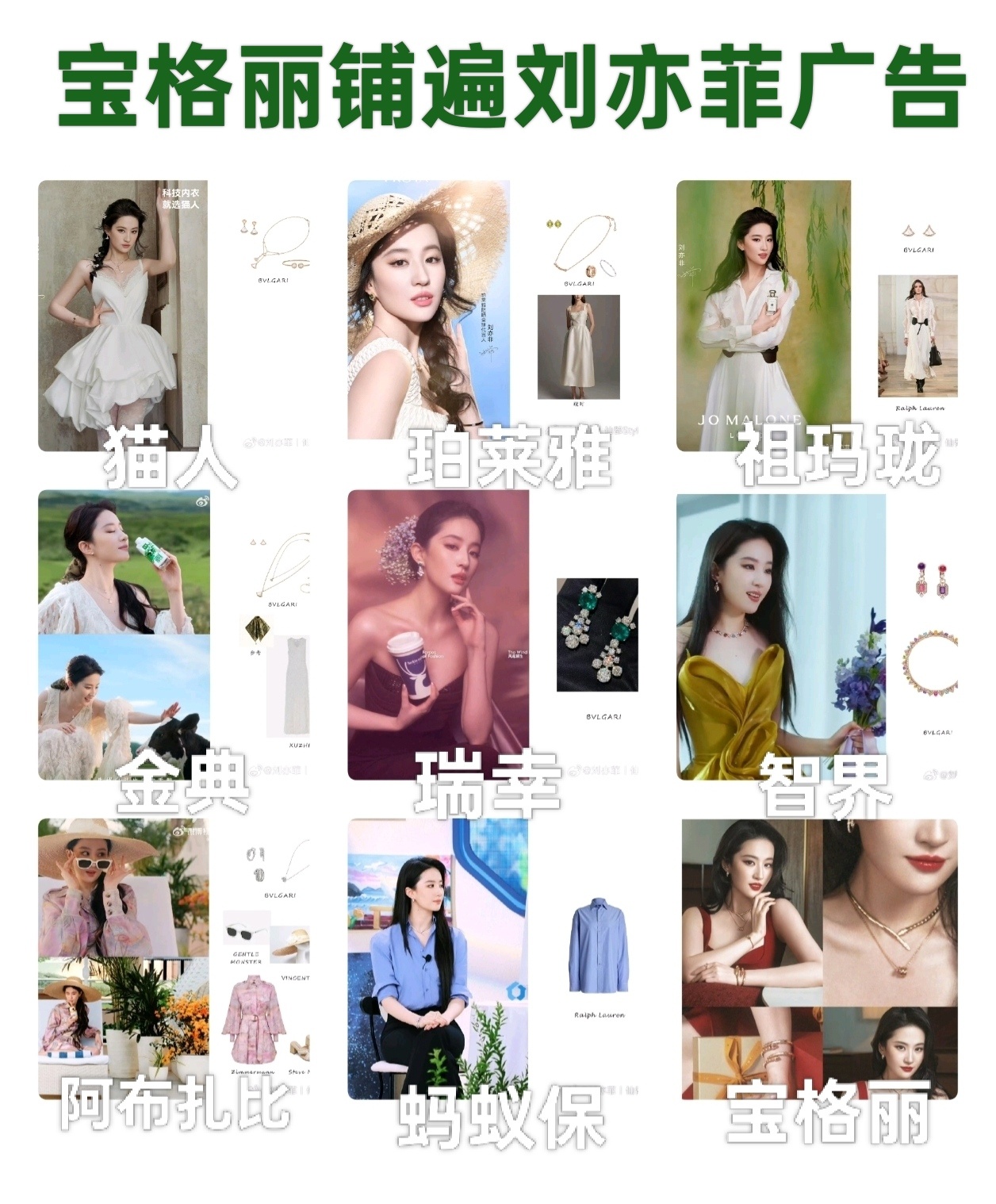 虽然很多人没有拍过顶奢珠宝的广告，但是刘亦菲不一样，基本上广告都有宝格丽的出现。