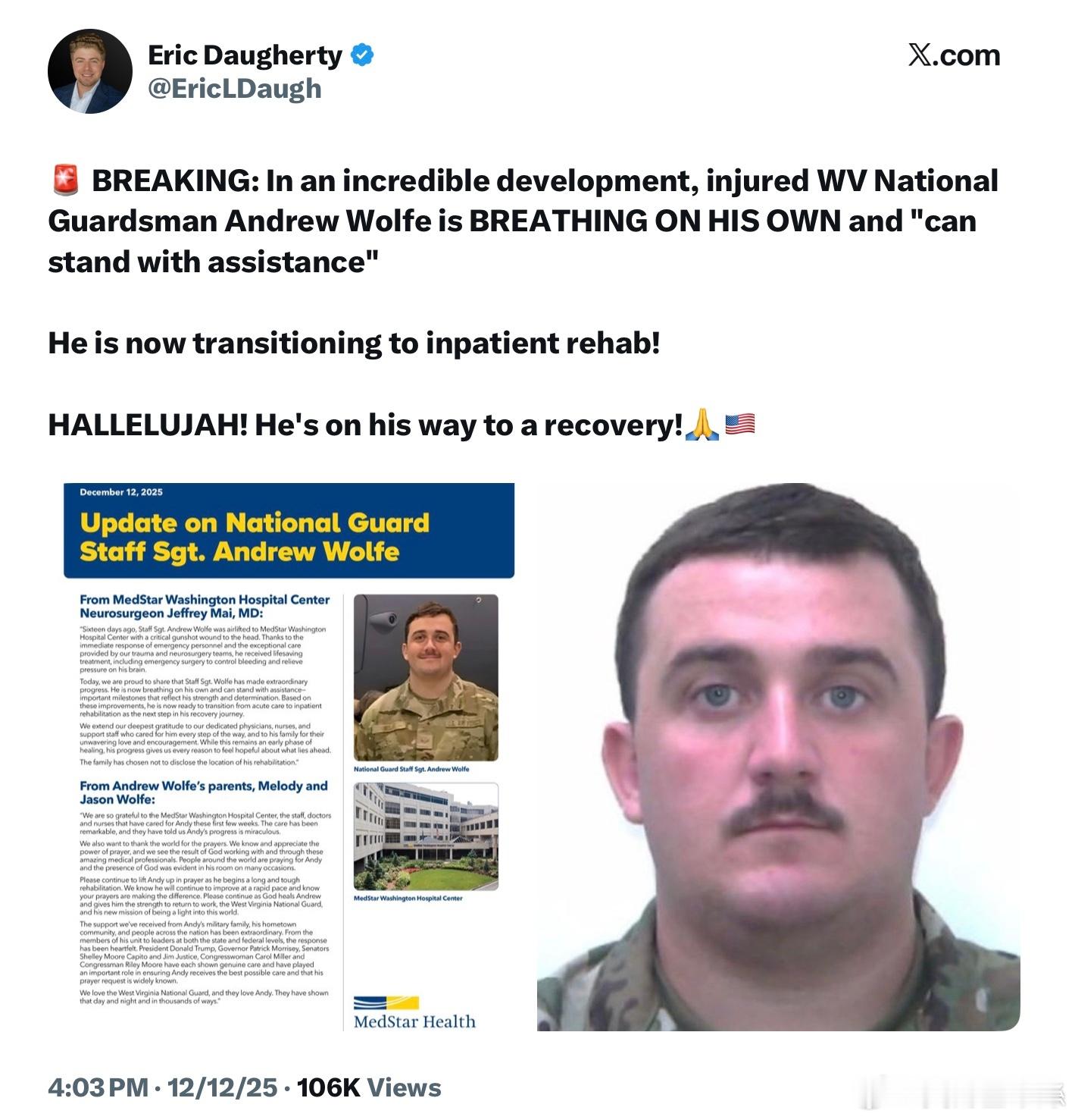 令人振奮的消息！受重傷的西維珍尼亞州國民警衛隊隊員安德魯沃爾夫已經能夠自主呼吸，