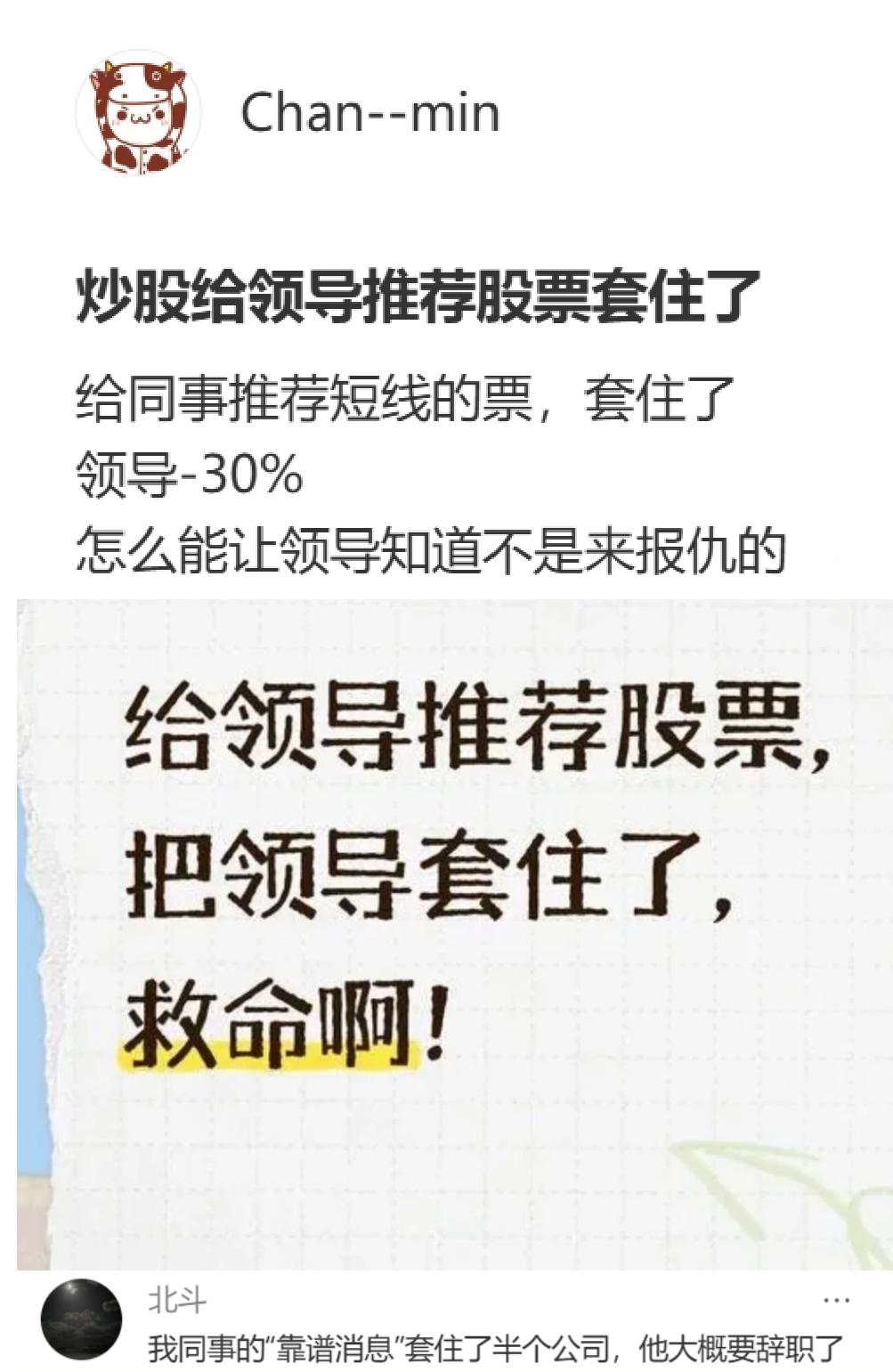 网友询问：炒股给领导推荐股票被套30%了，怎么能让领导知道不是来报仇的