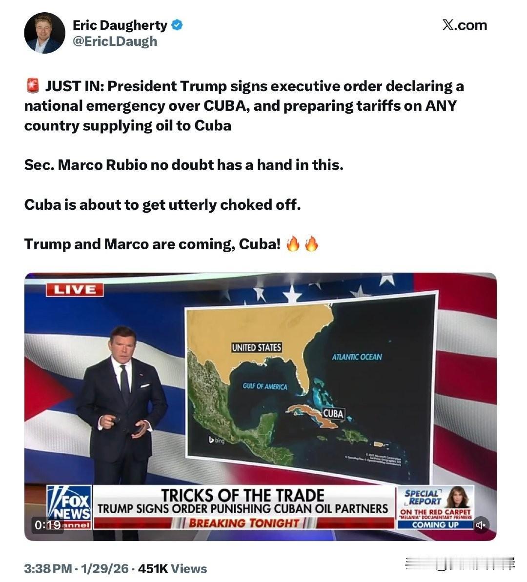 🚨 突发：川普总统签署行政命令，宣布针对古巴的国家紧急状态，并准备对任何向古巴