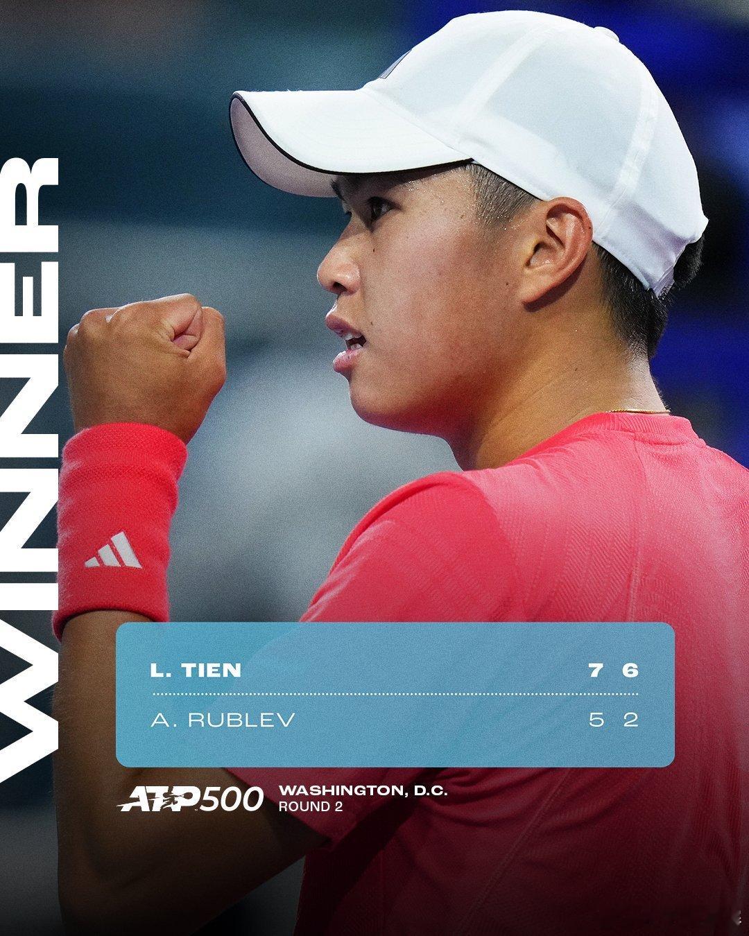 主场获胜💪ATP500 华盛顿站第二轮，19岁的本土小将勒纳·钱以7-5 6-