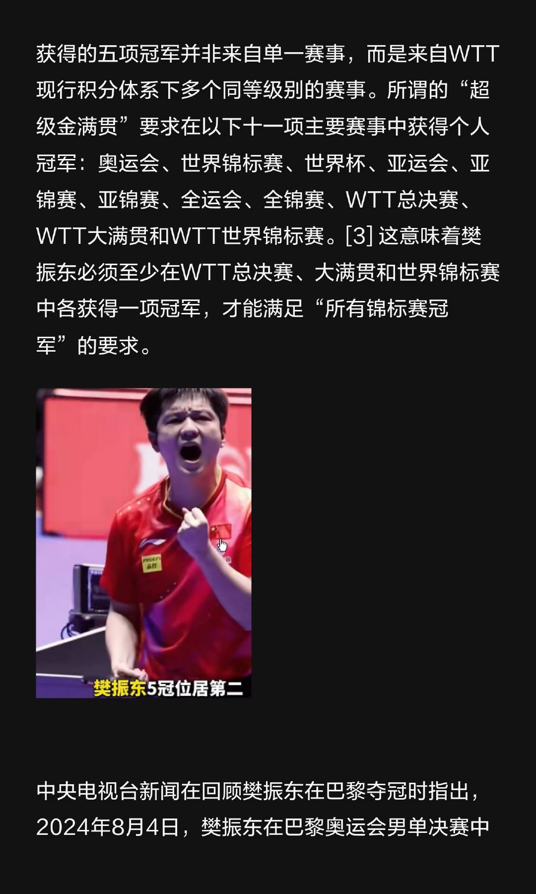 WTT排名更新后，樊振东凭借五个冠军头衔，稳居WTT 1000+赛事榜单第二位。