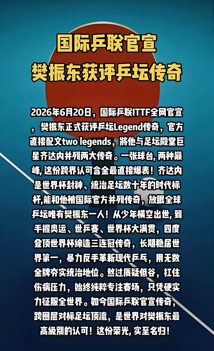 国际乒联把樊振东评为“乒坛传奇”！很多网友觉得奇怪，为啥他们不评“马龙”，评“樊