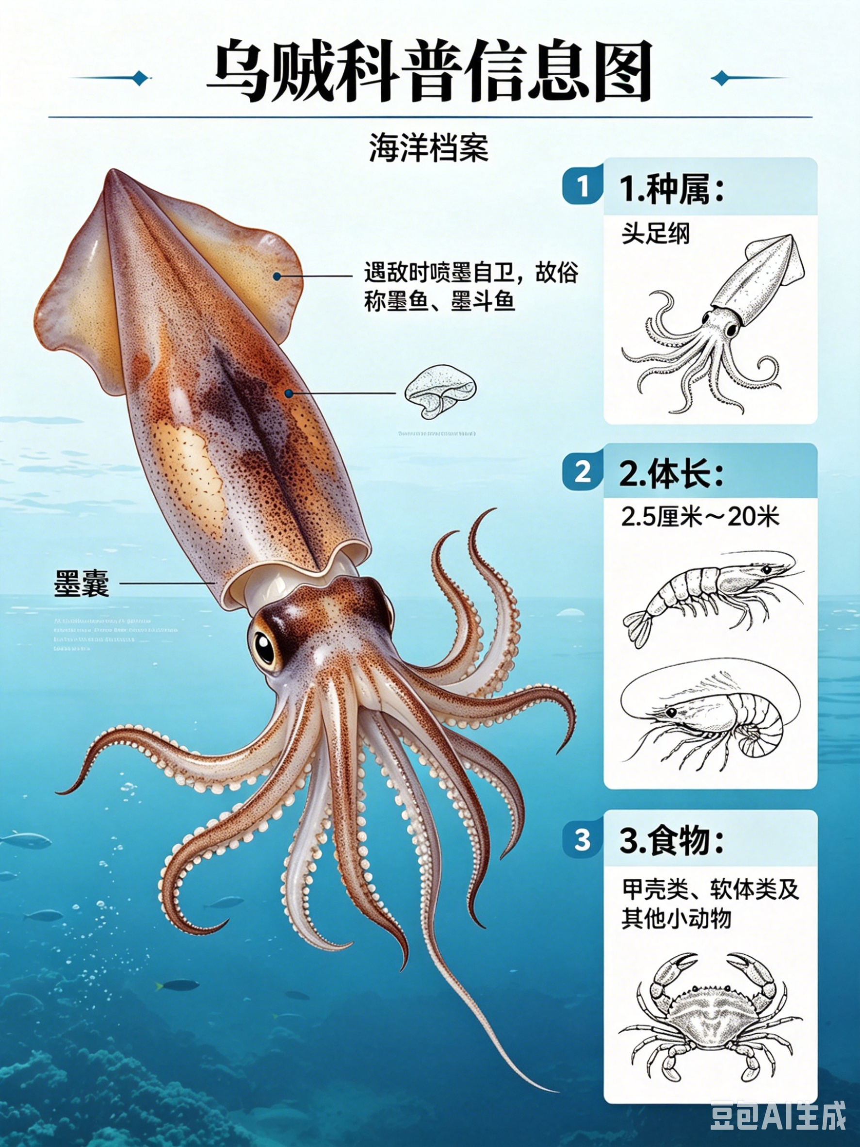 海洋朋友圈 乌贼海洋档案种　属：头足纲体　长：2.5厘米～20米食　物：甲壳类、