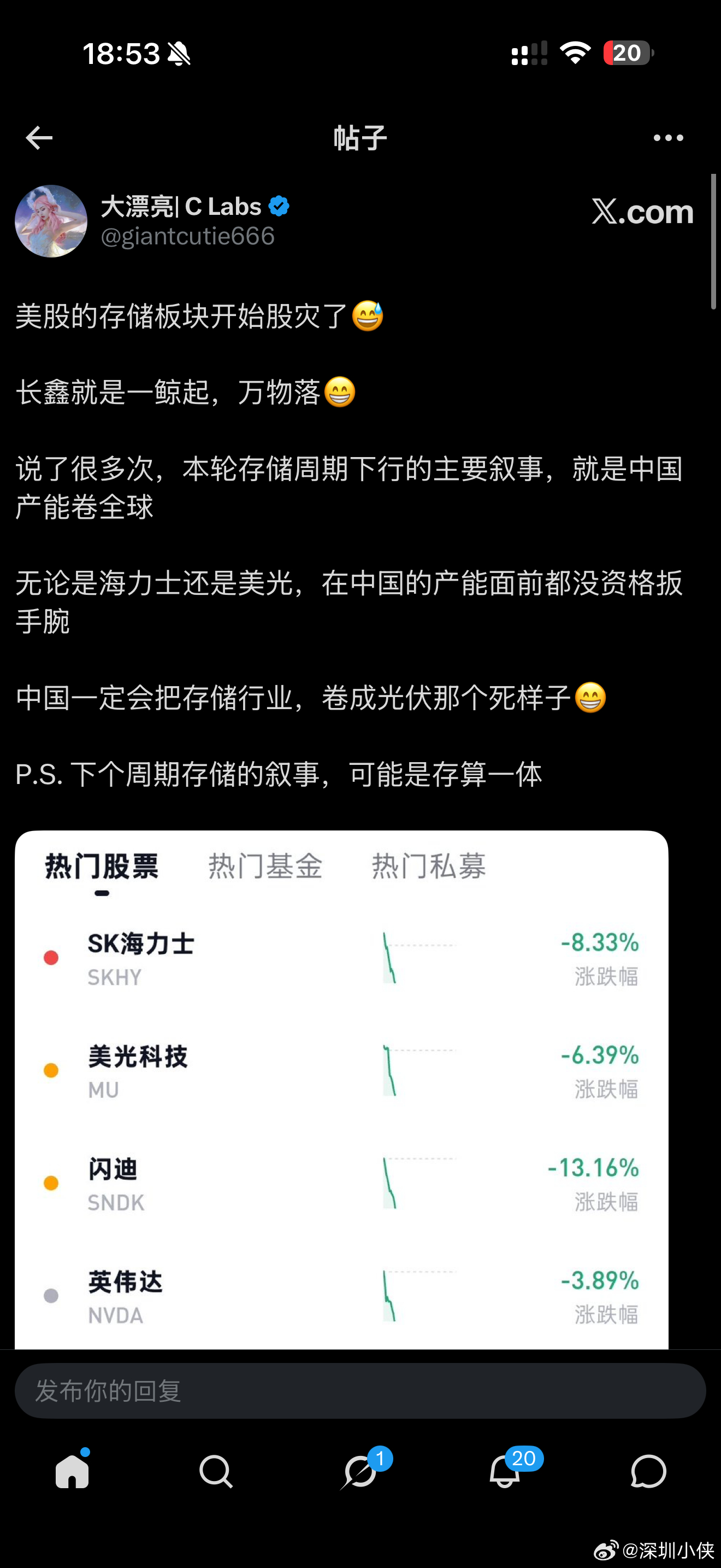美股的存储板块开始股灾了😅长鑫就是一鲸起，万物落😁说了很多次，本轮存储周期下