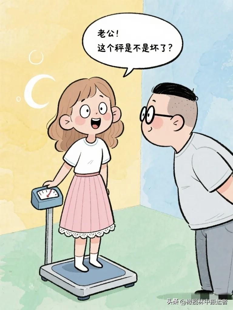 搞笑漫画：老婆：“老公，秤是不是坏了？” 老公：“没坏挺准的。” 老婆：“那为什