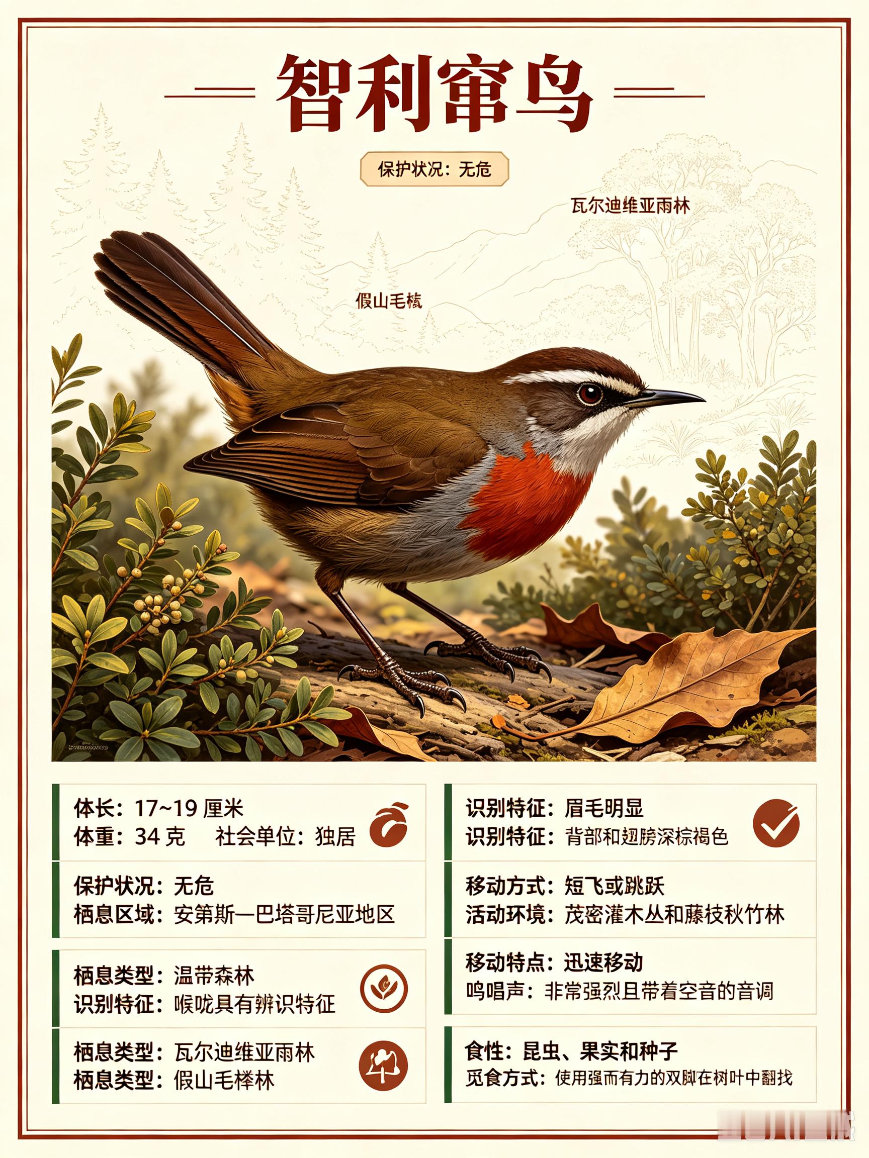 鸟类朋友图鉴 智利窜鸟体长：17~19 厘米体重：34 克社会单位：独居保护状况