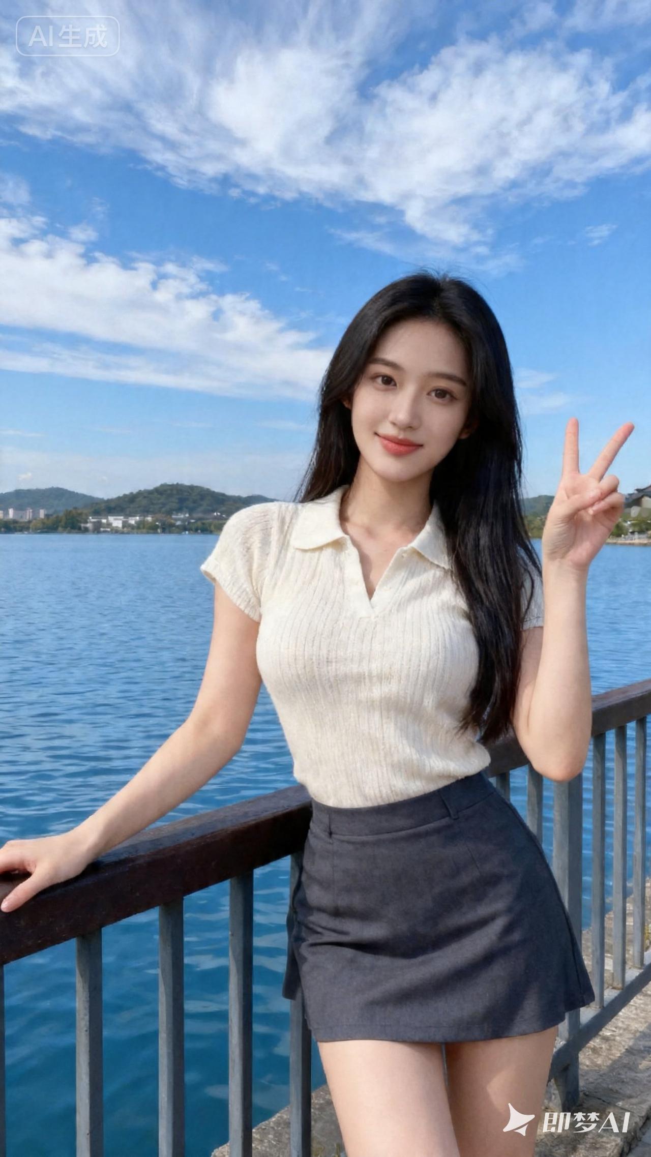 阳光明媚，湖畔少女，微笑比V，元气满满！🌞💕