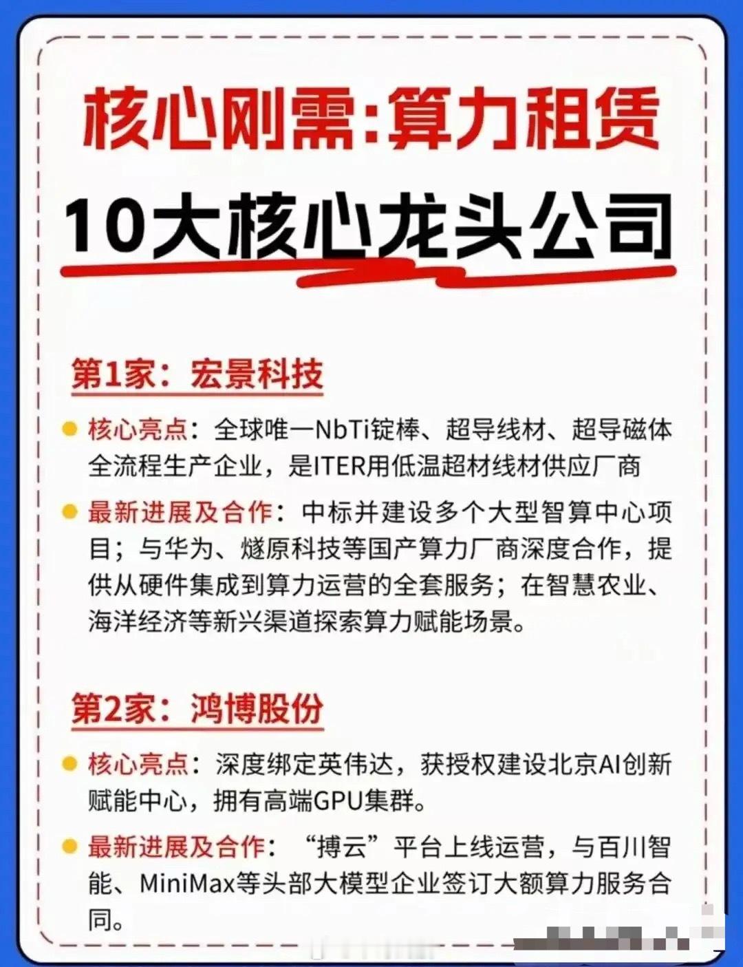  AI时代核心刚需！算力租赁10大龙头全梳理。✅宏景科技：智算中心项目落地，软硬