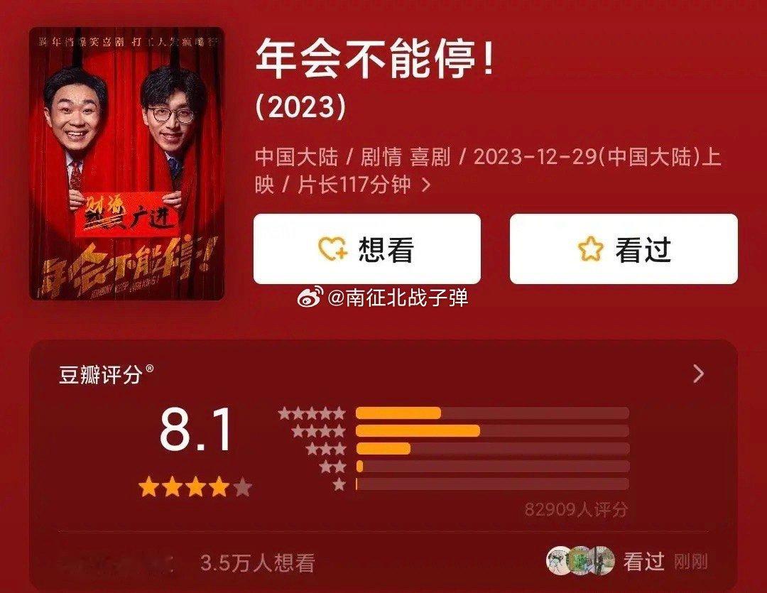 跨年档电影豆瓣口碑全部出炉，从高到低依次为《年会不能停》8.1分《一闪一闪亮星星