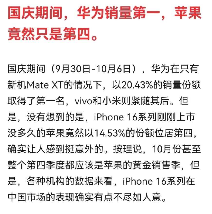 这就是为什么要支持华为的原因了。苹果国庆销量不如华为，这是果粉没想到的，苹果不是