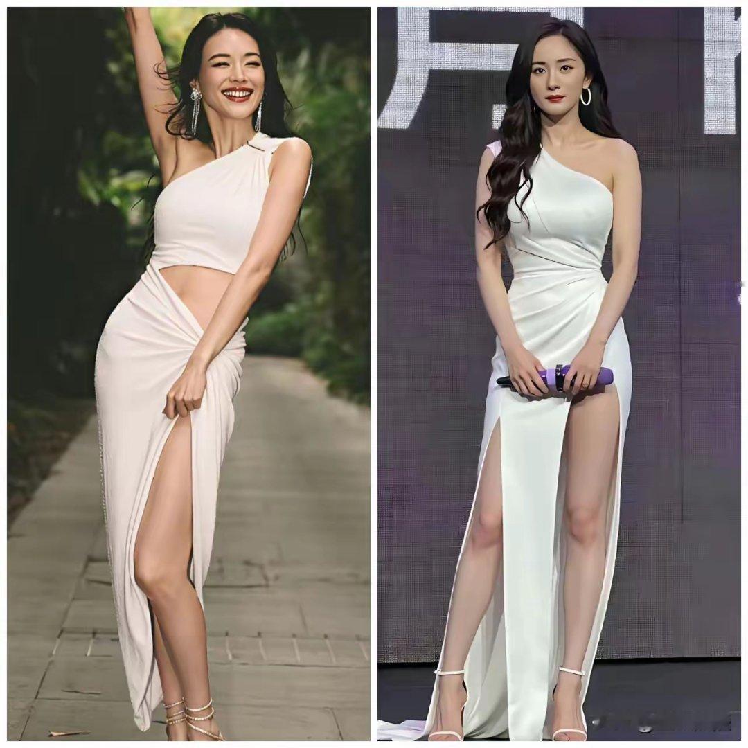 看着这两套相似的白裙，忽然懂了什么叫"美人在骨不在皮"。舒淇比杨幂大十岁，五官没
