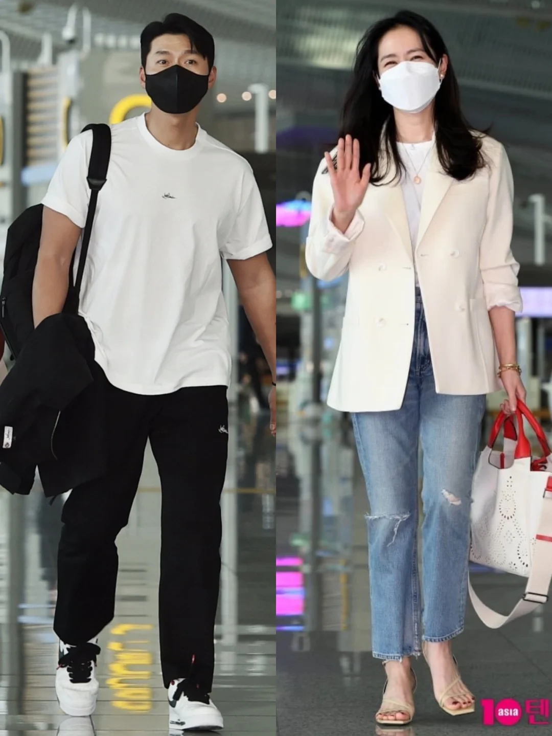 玄彬&孙艺珍前往LA度蜜月机场私服，好甜！