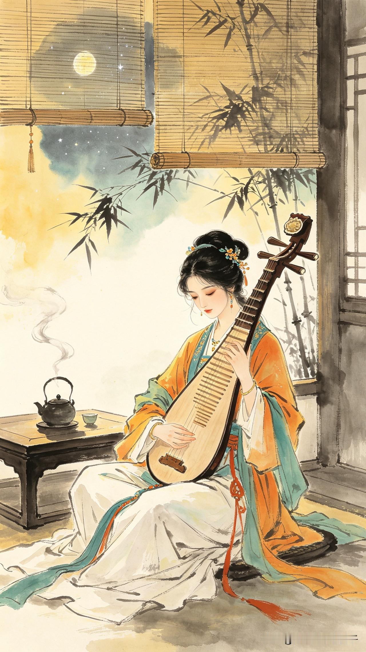 素手调琴曲未终，
余音袅袅逐西风。
曲终人散空庭寂，
       
…………请