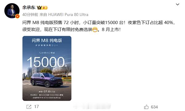 【37.8万起售的问界M8纯电小订破1.5万台 余承东：紫色最受欢迎】上周五，问