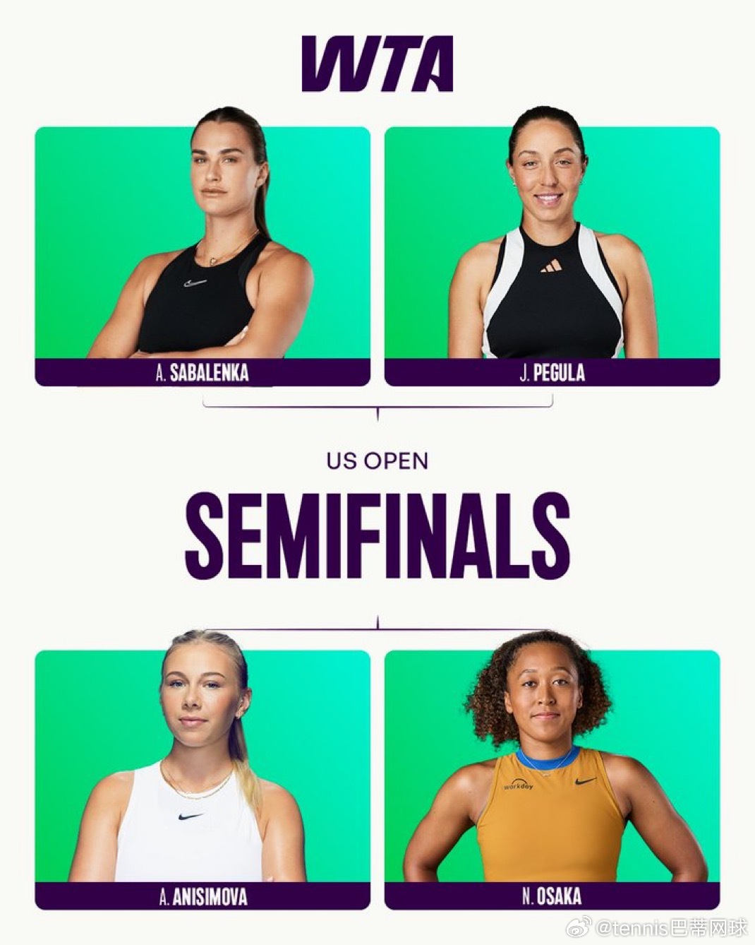 美网女单四强对阵萨巴伦卡🇧🇾vs佩古拉🇺🇸大阪直美🇯🇵vs阿尼西莫娃