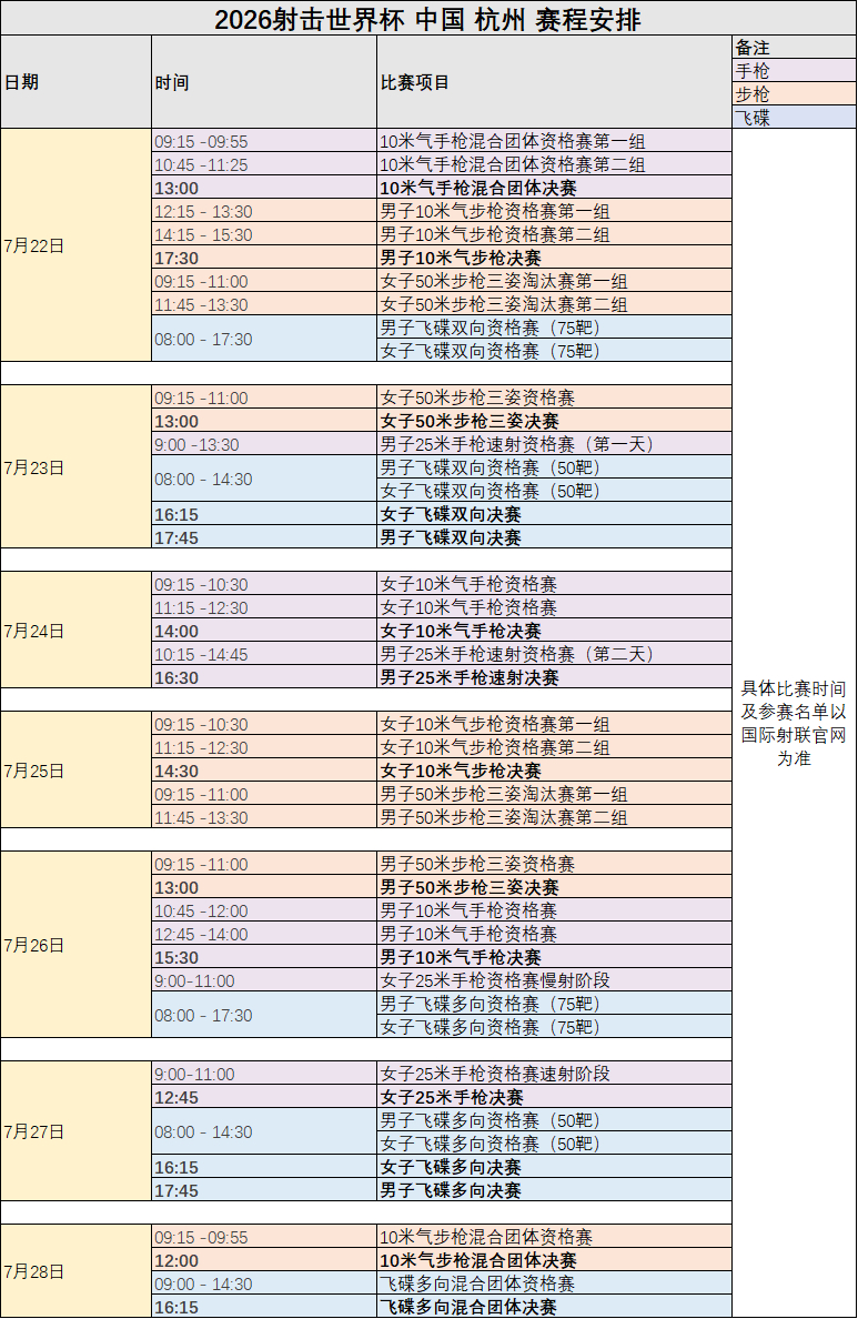 2026射击世界杯中国杭州站赛程安排 