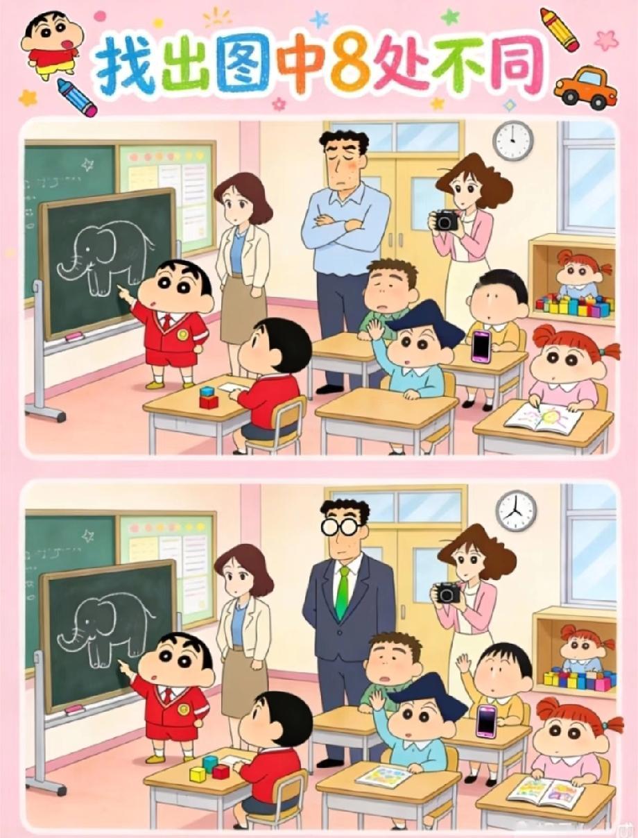 挑战眼力！蜡笔小新教室找不同，8处差异你能找出几个？评论区晒答案！